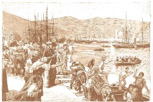 Dibujo a carboncillo de repatriados a su llegada al puerto de Almería en el Vapor Victoria Española