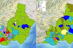 Mapa de la provincia con el reparto, por colores y municipios, de los nombres. 