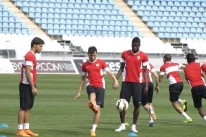 Javi Espinosa en el entreno de este jueves.