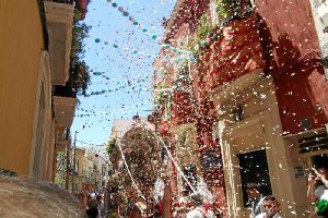 Salida de la carreta con el Simpecado de la Hermandad de Almería recibe una impresionante ‘petalá’ en la calle Real, realizada por los jóvenes rocier