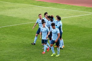 Los jugadores celestes celebrando el primer gol a Los Villares.