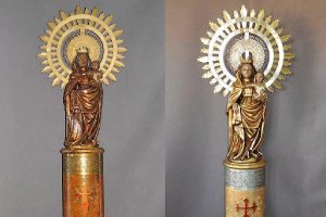 imagen de la Virgen anterior a la restauración (izquierda) y tras el trabajo (derecha).