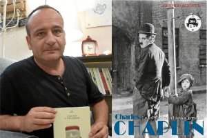 José Francisco Montero con su obra y la portada del libro de Chaplin.