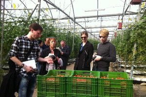 El grupo de periodistas durante su visita a una finca de tomate.