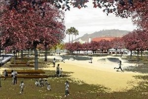 Recreación del futuro parque Los Bajos que vertebrará el centro de la ciudad.