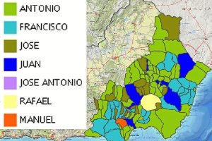 Mapa y leyenda de uso de los nombres masculinos en Almería. e;c