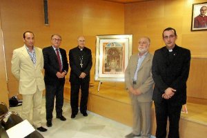 Cartel El hermano mayor, alcalde de Cuevas, obispo, autor del cartel y párroco.tyle>.apqj{