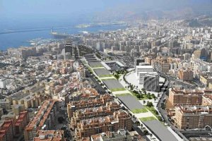 Vista aérea de la trama urbana con una maqueta del proyecto de soterramiento realizada en 2010</titl