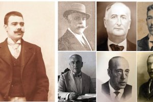 Pascual Orozco, periodista que se batió en duelo, y al lado componentes de la Liga Antiduelista de Almería.