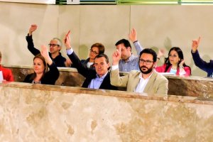El portavoz del Grupo Municipal Socialista y Senador, Juan Carlos Pérez Navas -en el centro de la imagen- durante un pleno.