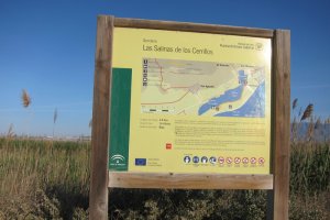En la imagen, uno de los senderos del paraje natural Punta Entinas-Sabinar, alusivo al pasado salinero de la zona.