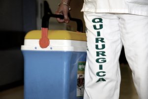 Un sanitario transporta en Torrecárdenas una nevera con órganos para trasplantar.