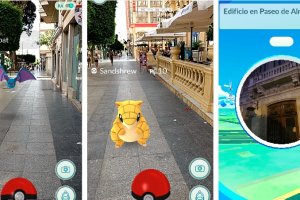 Visión del videojuego ‘Pokémon Go’ por calles de Almería como el Paseo y edificios como el antiguo Casino.
