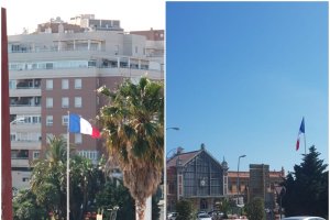 Dos fotografías en las que puede verse la bandera de Francia en la glorieta de la Estación Intermodal.