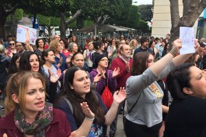 Manifestación en el centro de Almería a raíz de la sentencia contra La Manada, el pasado 26 de abril.