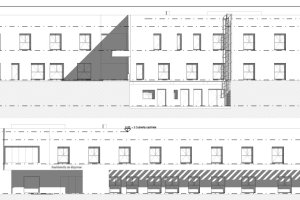 Alzado de la residencia de mayores de Mojácar, de estilo sencillo y huecos cuadrados.