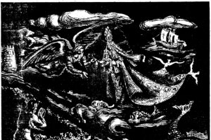 Dibujo de la aparición de la virgen del Mar, por Jesús de Perceval, en la prensa local el día 30 de agosto de 1942.