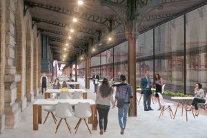 Diseño de cómo sería la terraza que se contempla en el andén después de acristalarlo para separarlo de la playa de vías.