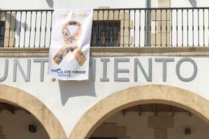 El lazo dorado desplegado en el Ayuntamiento.