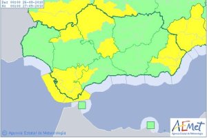 Zonas en alerta amarilla en Andalucía durante el miércoles, según Aemet.