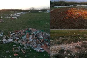 Desechos de construcción y agrícolas (izq. y arriba) en las inmediaciones de las balsas de salazón; y restos visibles de una de las balsas (abajo).