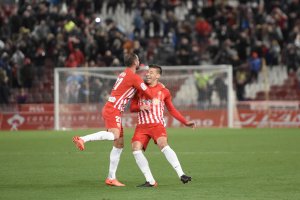 Rubén Alcaraz y Nano celebran el gol al Lugo en el partido de la pasada temporada.