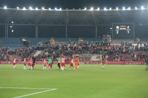 Los jugadores del Almería celebrando su última victoria ante el Sporting.