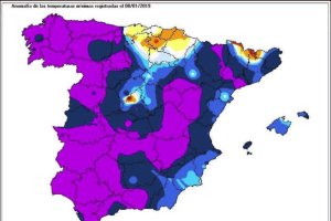 Anomalía de las temperaturas mínimas registradas el 8 de enero de 2019. / AEMET