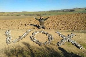 Imagen de un cazador con cadáveres de animales que forman la palabra \"Vox\" / PACMA