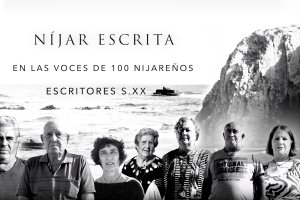 Cartel de ‘Níjar escrita’ con vecinos de la zona sobre el paisaje de la comarca.