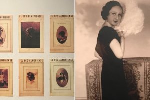 Detalle de portadas de ‘El Eco Almeriense’ y de ‘Berta con abanico de plumas’ (Guerry, 1935)
