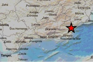 Mapa de la zona del terremoto, con el epicentro marcado con una estrella.