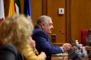 Manuel Alías se despide de los diputados durante el Pleno de este viernes.