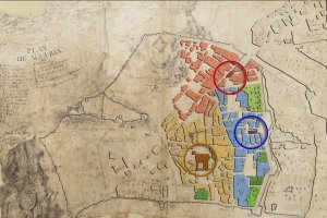 Las parroquias de intramuros: el Sagrario de la Catedral (amarillo), San Pedro (azul) y Santiago (rojo).