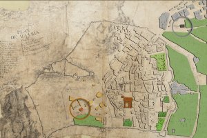 Las parroquias de extramuros: San Sebastián de las Huertas (gris) y San Juan (amarillo).