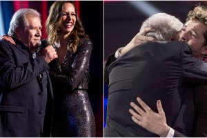 Juan Mena, junto a Eva González en la final y recibiendo el abrazo de un emocionadísimo David Bisbal.