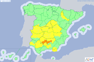Mapa de la Aemet que recoge los avisos amarillos de este fin de semana en la Península Ibérica.