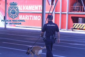 Un agente inspecciona junto con un perro del Cuerpo Nacional de Policía.