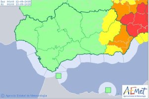 Mapa andaluz con el aviso naranja en las comarcas del Levante y el interior de Almería.