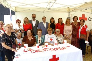 El presidente de Cruz Roja, voluntarios y autoridades asistente a la mesa instalada en Puerta de Purchena.
