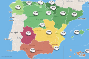 Mapa del riesgo de pobreza de los mayores de 65 años en España.