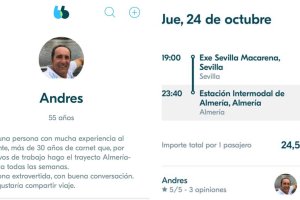 Capturas del perfil del parlamentario andaluz en BlaBlaCar y del viaje que ofrece para este jueves.