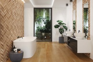 El suelo de gres porcelánico de imitación de la madera.