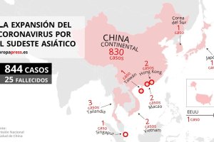 Mapa con casos de coronavirus en el sudeste asiático.