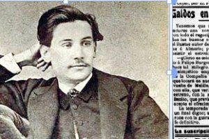 Retrato de un joven Galdós y el anuncio de su llegada a Almería.