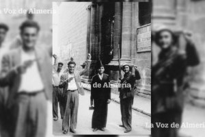 Un grupo de exaltados  en la calle de las Tiendas, delante de la puerta de la iglesia de Santiago, que acababa de ser incendiada.