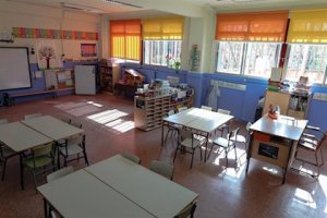 Un aula vacía, tras la suspensión de las clases presenciales.