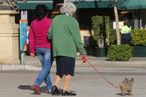 Una mujer pasea junto con una persona mayor y su perro.
