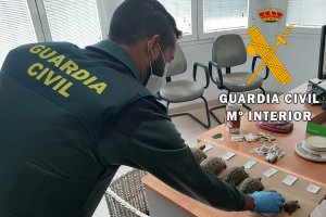 Un agente de la Guardia Civil con los animales y la droga.