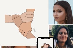 Las autoras de la iniciativa \'Vereda del arte\' con algunas de sus ilustraciones.